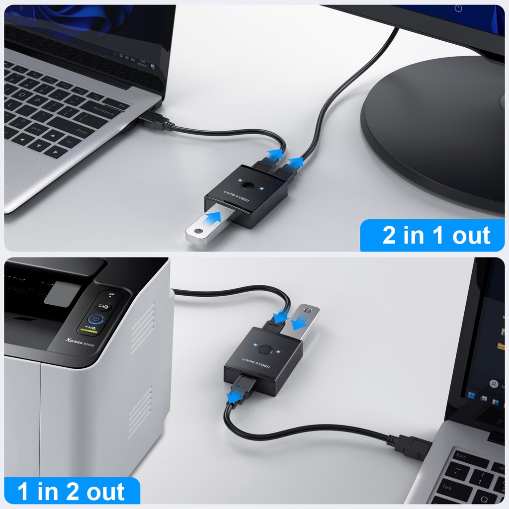 KVM USB 3.0 Bidirectional Switch Selector 2 to 1 PCs Sharing or 1 to 2 Hub for Keyboard Mouse Scanner Printer