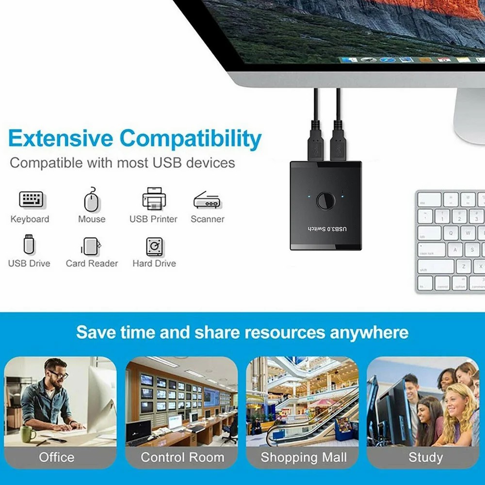 KVM USB 3.0 Bidirectional Switch Selector 2 to 1 PCs Sharing or 1 to 2 Hub for Keyboard Mouse Scanner Printer