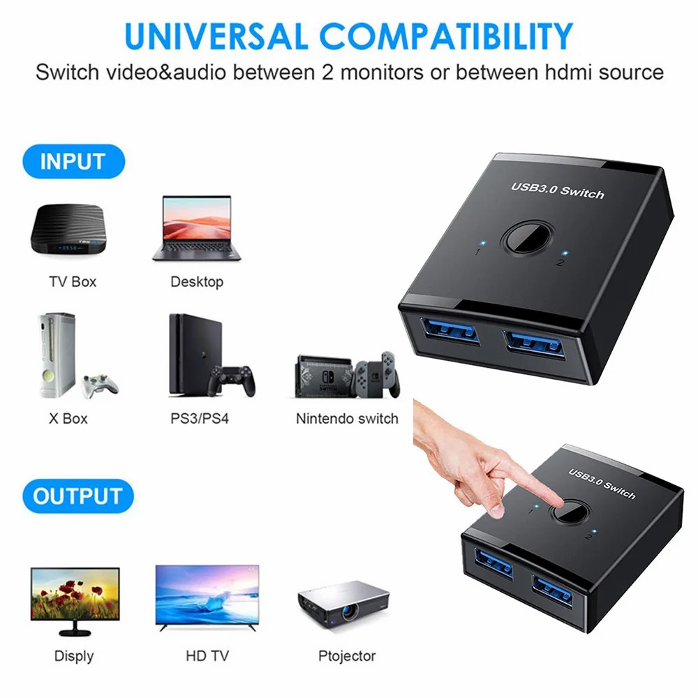 KVM USB 3.0 Bidirectional Switch Selector 2 to 1 PCs Sharing or 1 to 2 Hub for Keyboard Mouse Scanner Printer