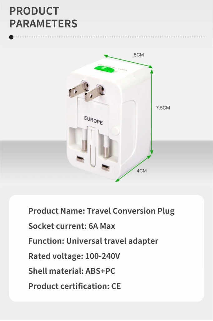 Universal Travel Adapter Type-C Multi-functional Dual USB Portable Travel Adapter