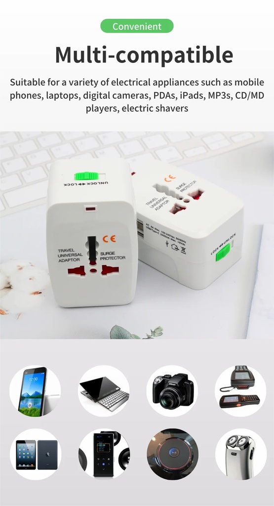 Universal Travel Adapter Type-C Multi-functional Dual USB Portable Travel Adapter
