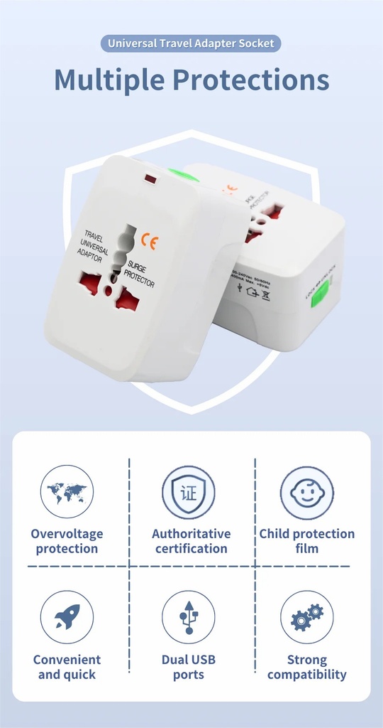 Universal Travel Adapter Type-C Multi-functional Dual USB Portable Travel Adapter