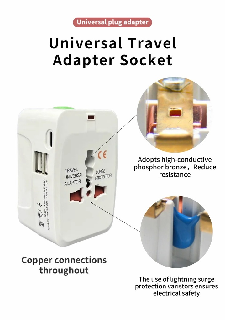 Universal Travel Adapter Type-C Multi-functional Dual USB Portable Travel Adapter