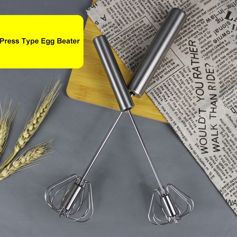 Hand-pressed Rotary Egg Beater Mixer Stainless Steel 12'' Semi-automatic Whisk Blender Bar for Stirring Egg Cream Kitchen Tools