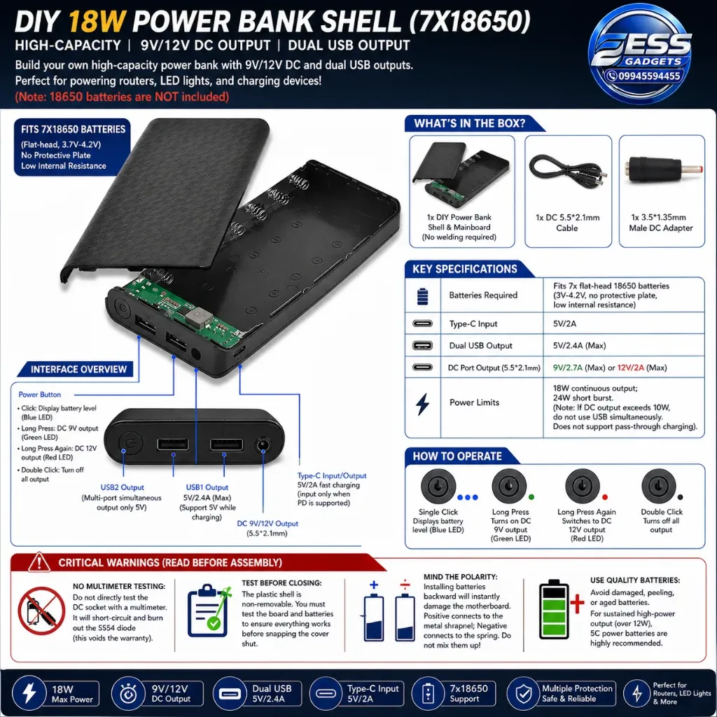 Durable Dual USB Output DIY 20000mah 7x18650 Battery Case DC Output 9V/12V Plastic Charging Box Non-removable Power Bank Shell(without batteries)