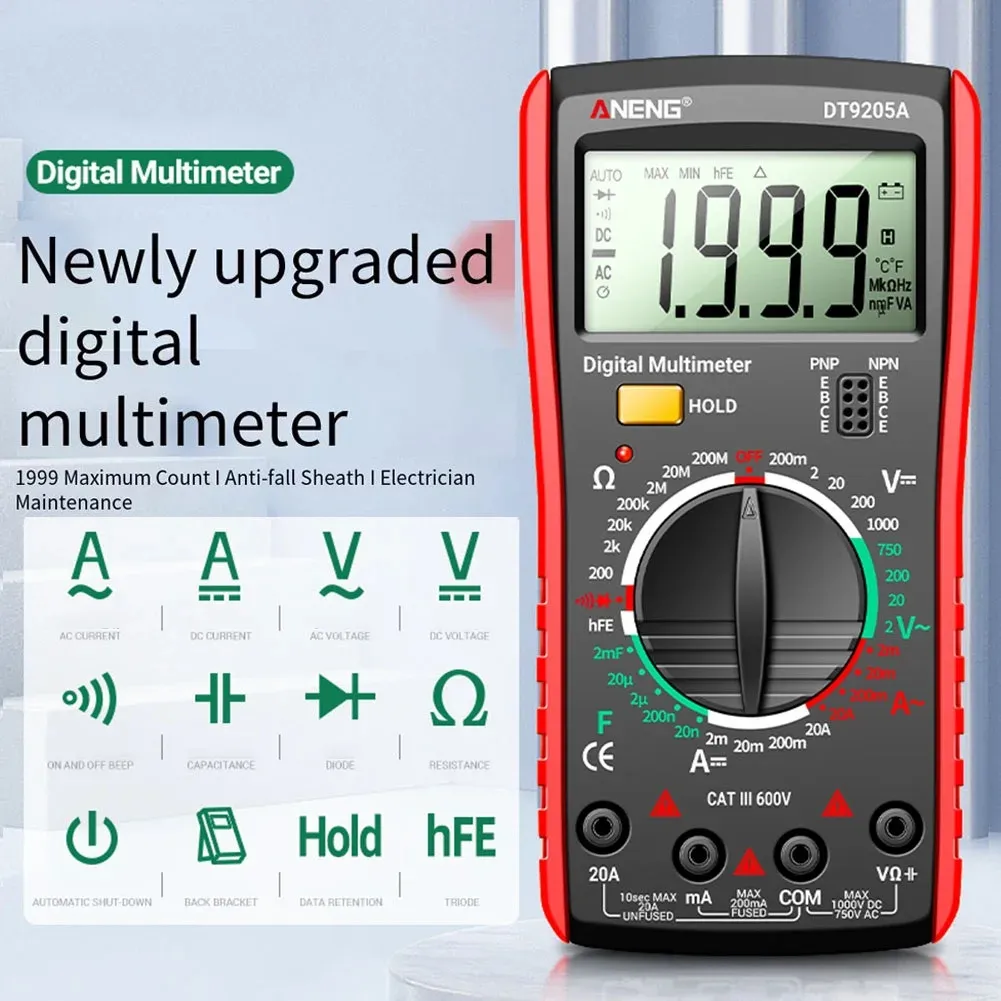 ANENG DT9205A Digital True RMS Professional Multimeter AC/DC Current Tester hFE Ohm Capacitor Voltage Meter Detector Tool