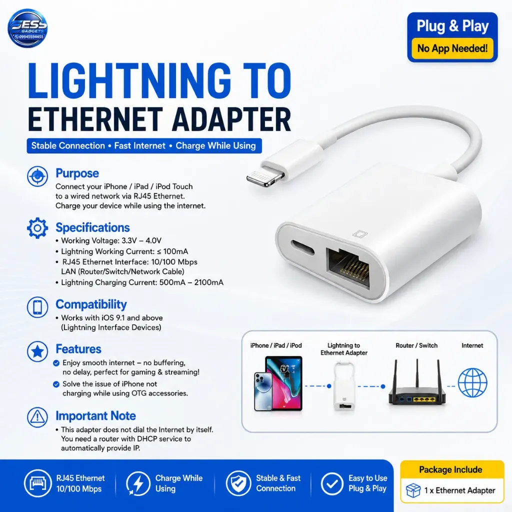 10/100Mbps Lightning to RJ45 Adapter 2 in 1 Ethernet LAN Network Adapter with Charge Port Compatible with IPhone/iPad/iPod Plug and Play