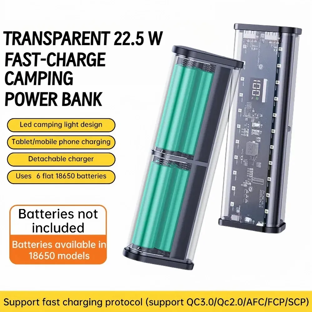6x18650 Battery Holder 22.5W Fast Charging Transparent Power Bank Case (Battery not included)