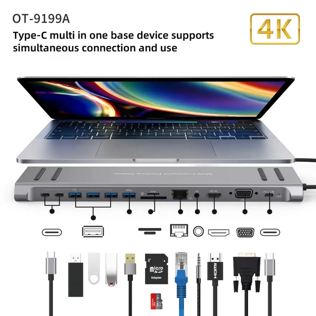 14 in 1 Multi-Function USB Adapter 4 USB Port USB 2.0 3.0 TF SD Type C Hub PD Fast Charging Docking Station