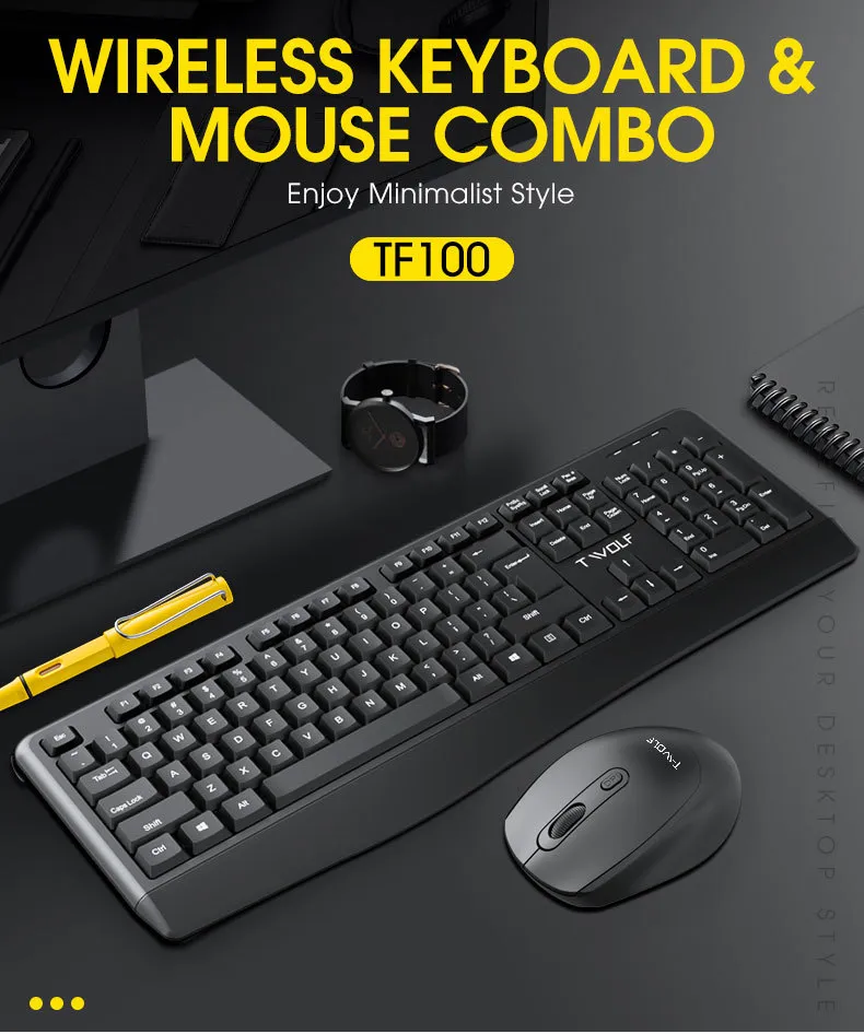 TF100 Wireless Keyboard Mouse Combo Full Size Silent Spill Resistant Multimedia 2.4G USB Keyboard