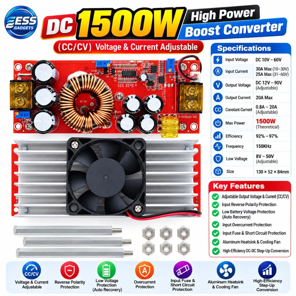 1500W 30A DC-DC Boost Converter 10-60V To 12-90V Adjustable DC Voltage Step Up Power Supply Module