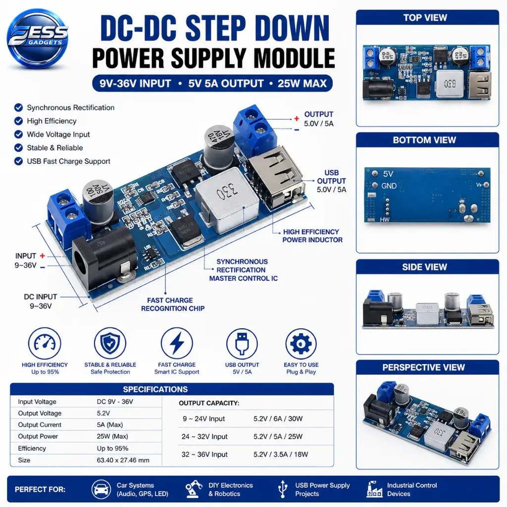 DC-DC 9-36V To 5V 5A 25W Step Down Power Supply Buck Converter