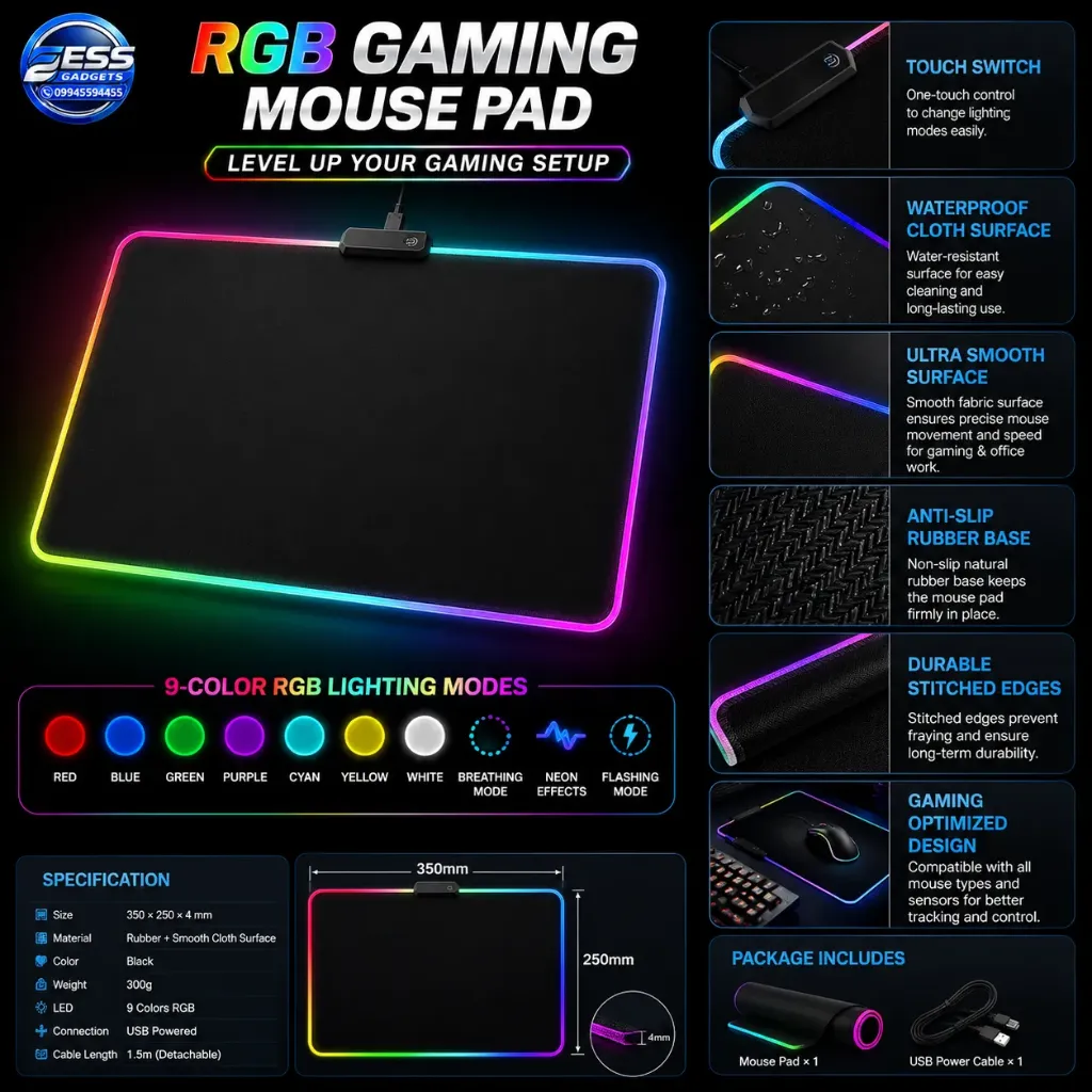 Colorful Mouse Pad Anti-Slip Rubber Base Glowing Gaming Mouse Pad 11 Light Modes