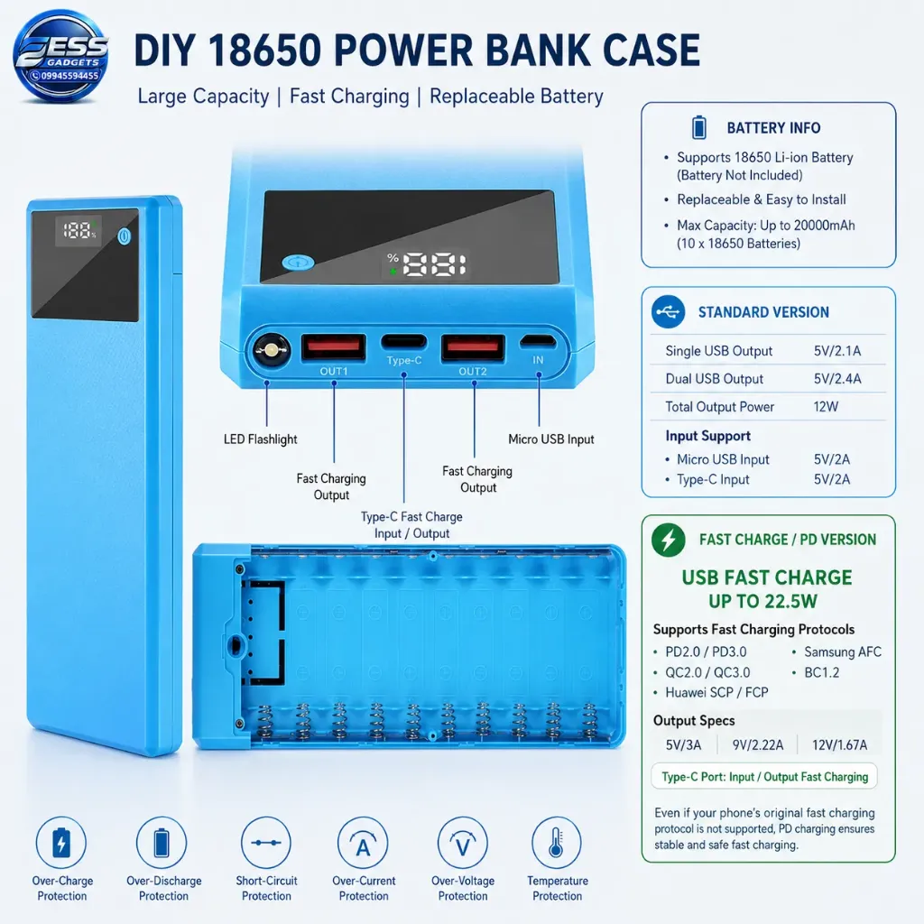 10*18650 Quick Charge DIY Mobile Power bank Shell Kit With LED Light No Soldering Battery Storage Boxes