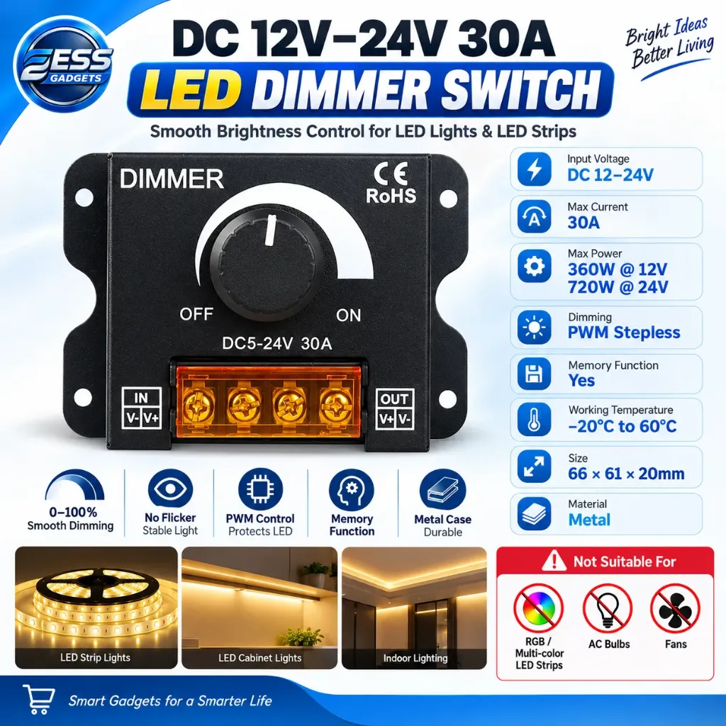 DC 12V-24V LED Dimmer Switch 30A LED Monochrome Controller PWM Digital Stepless Dimming for Lamp Strip Single Color Lamp