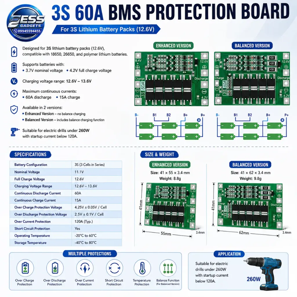 3S 60A BMS Board 11.1V 12.6V 18650 Li-Ion Lithium Battery Protection Board with Balance