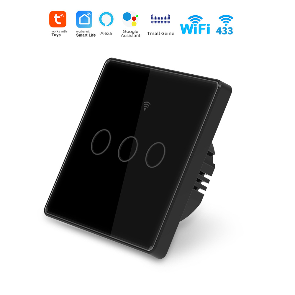 Tuya WiFi Wall Touch Switch ,RF 433MHz,Tempered Crystal Glass Panel,3 Way Support Alexa Light Switch (Black(4 Gang))