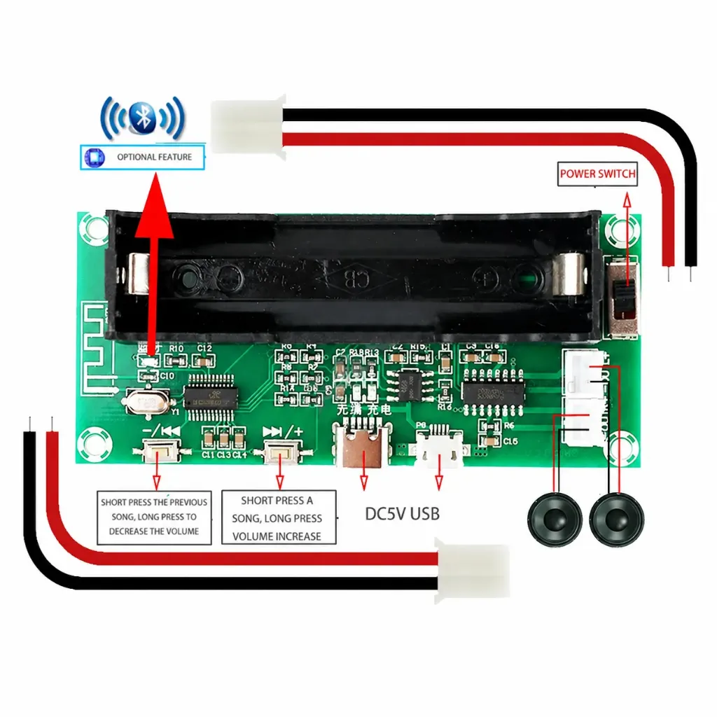 XH-A153 Bluetooth Amplifier Board TYPE-C Micro DC 5V 3W*2 2.0 Channel Audio AMP with 18650 Battery Case