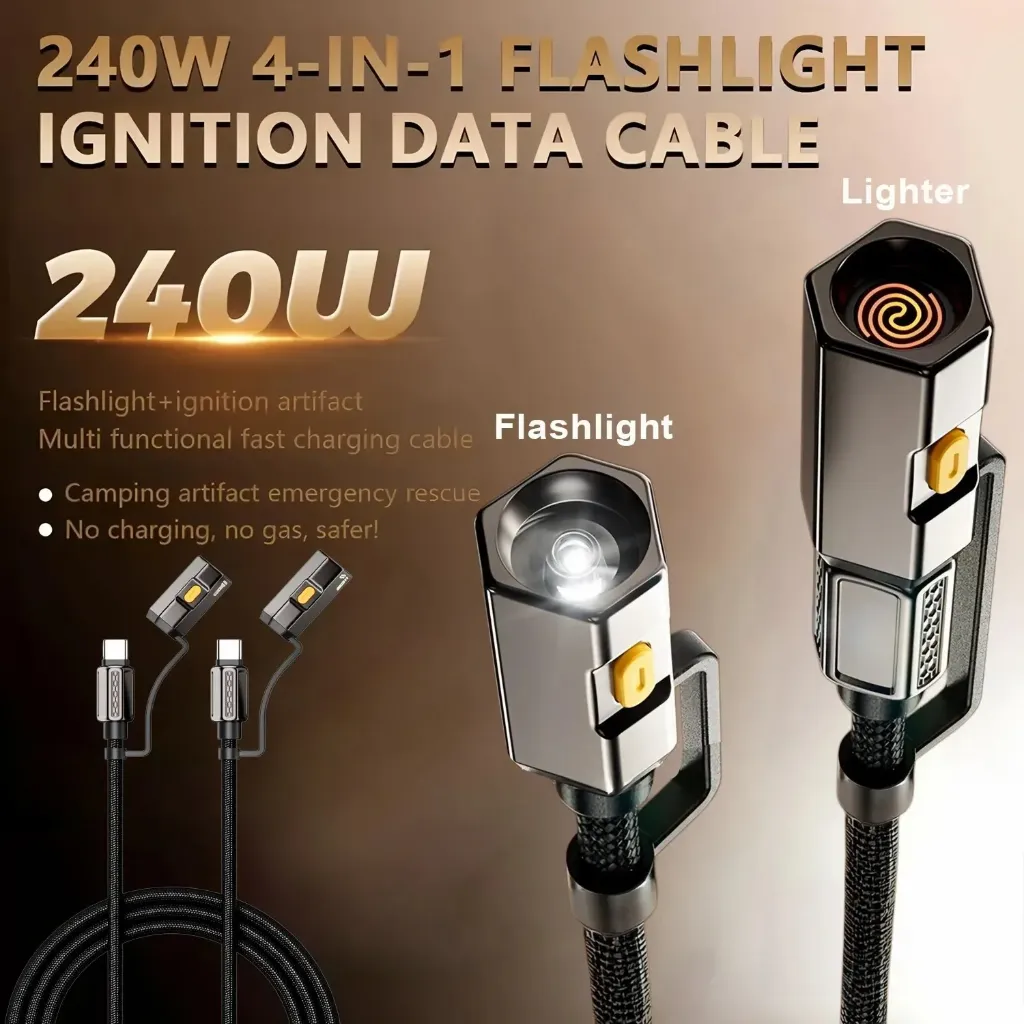 240W 4-in-1 Fast Charging Data Cable Type-C To Type-C Cable Flashlight Ignition Cord