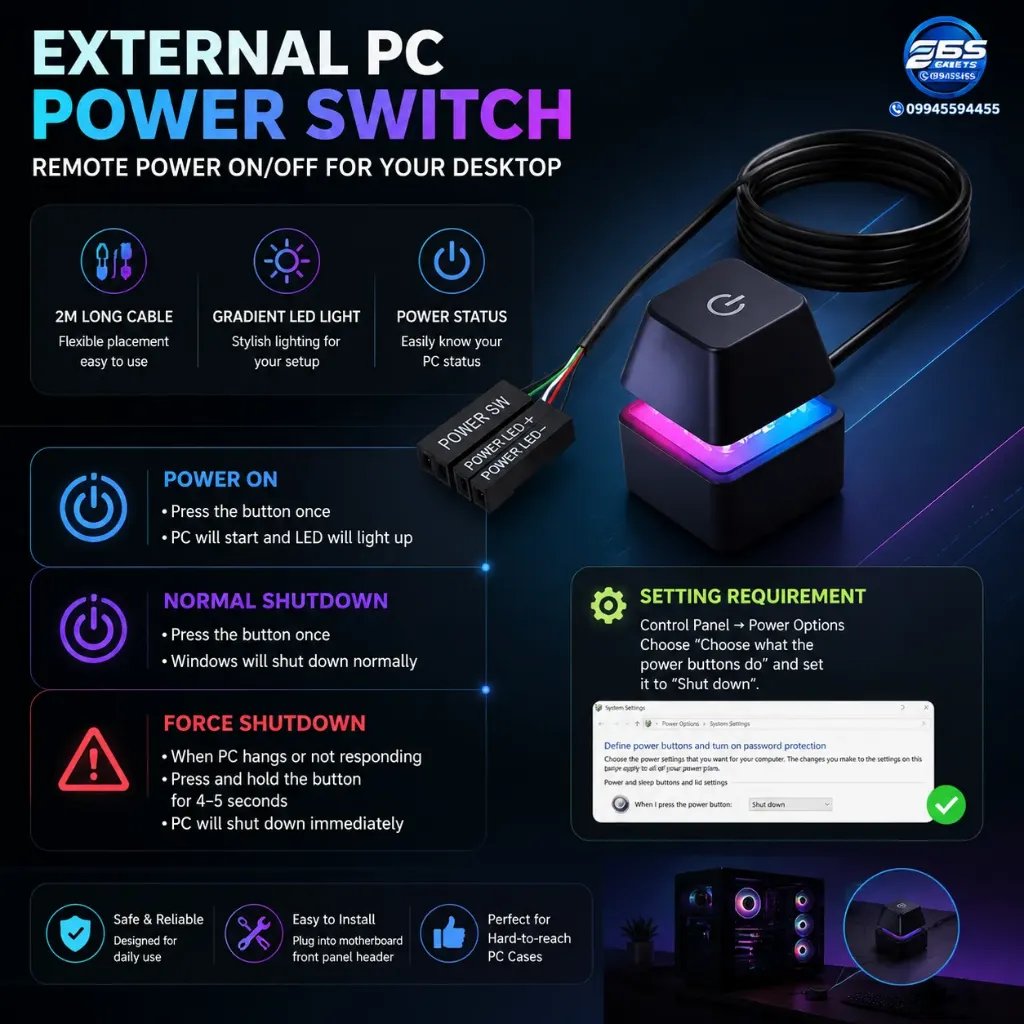 PC Motherboard External Start Power On/Off Switch Button With RGB Light