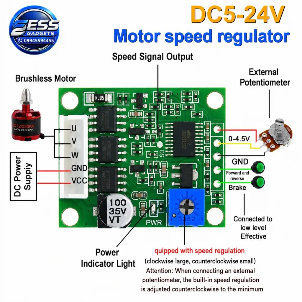 DC 6-20V 60W 12V Brushless Motor Driver Board BLDC Speed Controller 3 Phase Governor Hallless Switch Module With Cable