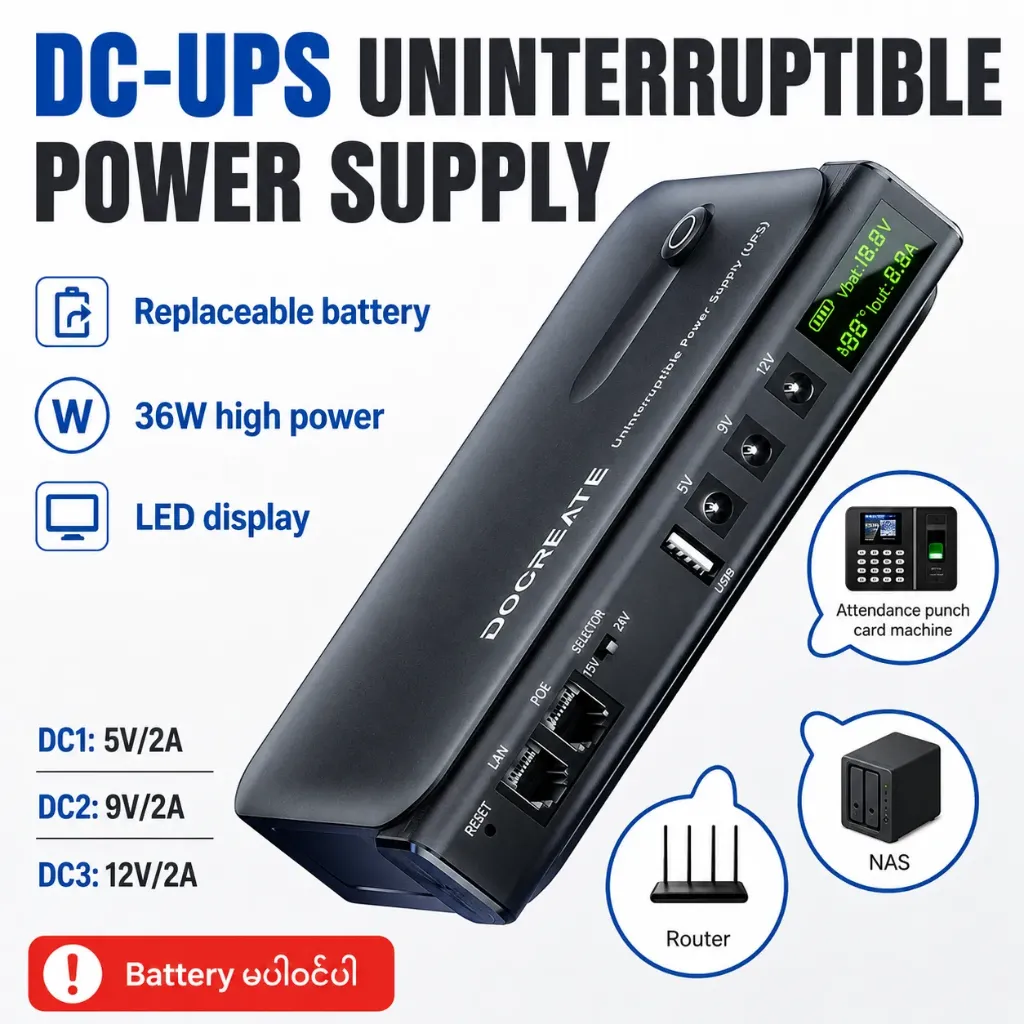 DOCREATE 36W DC1036L UPS Uninterruptible Power Supply 5V-24V Output 18650 Replaceable Battery for Router NAS Modem & Network