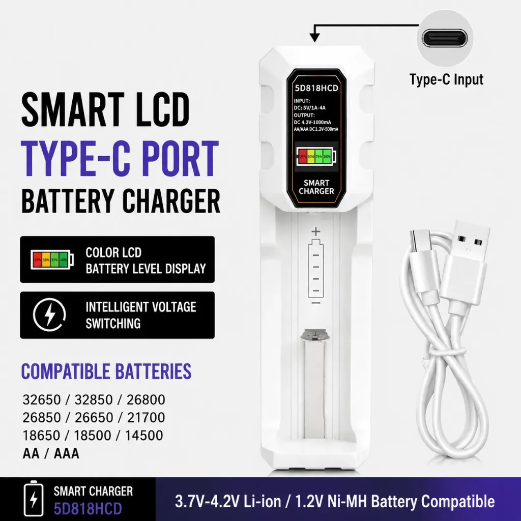 18650 Battery Charger Single Slot LCD Display Smart Charger for 3.7V 4.2V 26650 21700 18350 16340 18500 14500 AA AAA Batteries