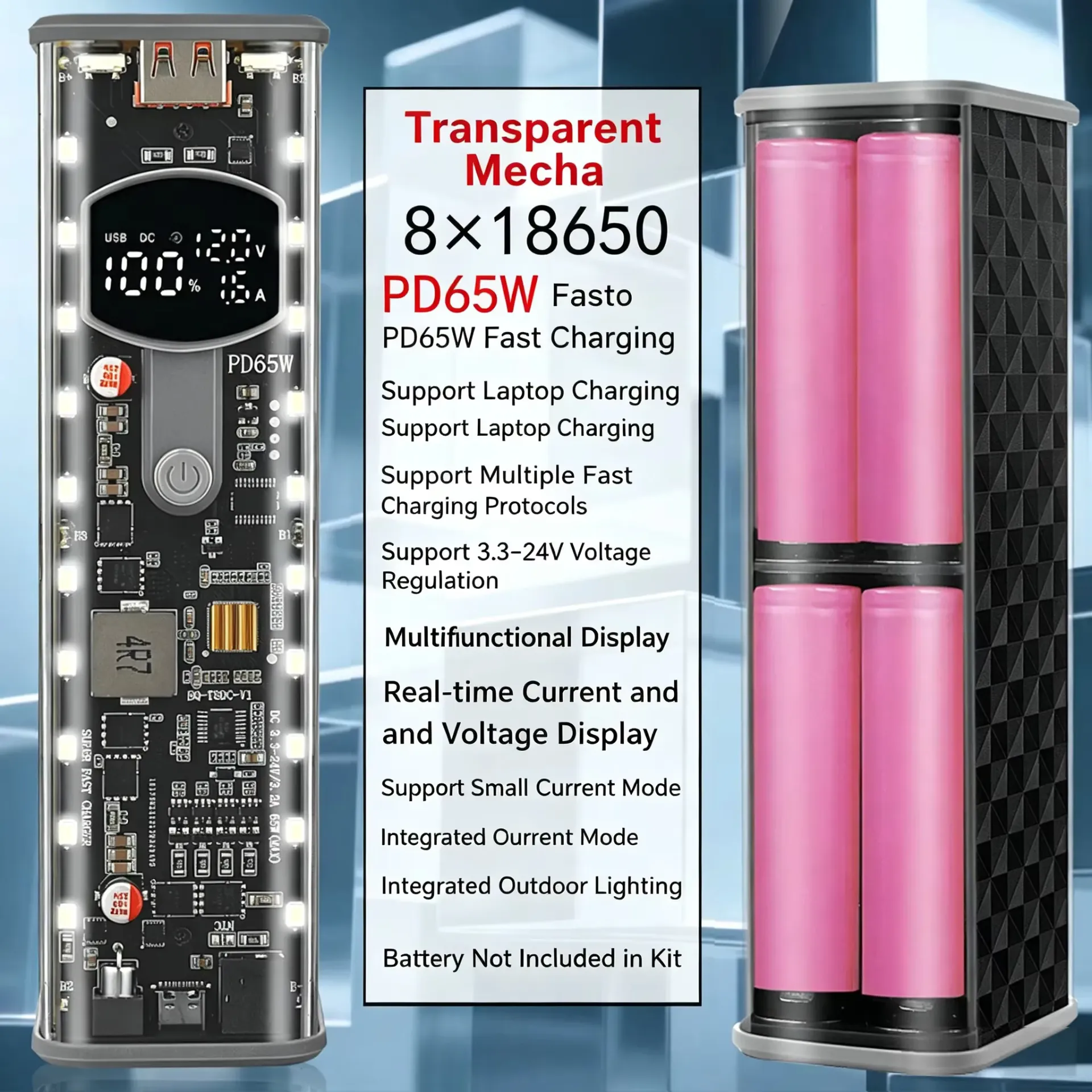 PD65W Super Fast Charging Power Bank Case Solder-Free 8-Cell 18650 Battery Box Transparent Storage Case with USB +Type-C Ports