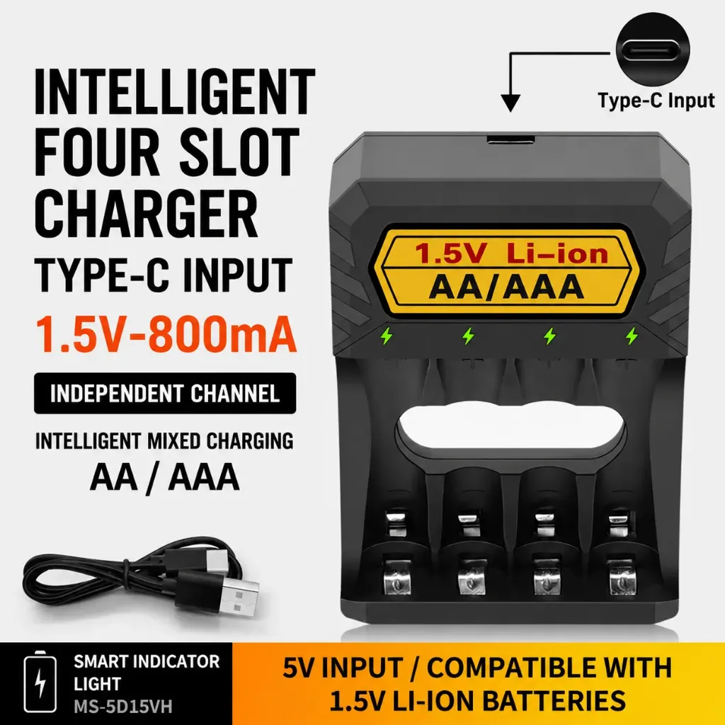 Type C Input 4Slots 1.5V Rechargeable AA AAA Lithium Battery Charger