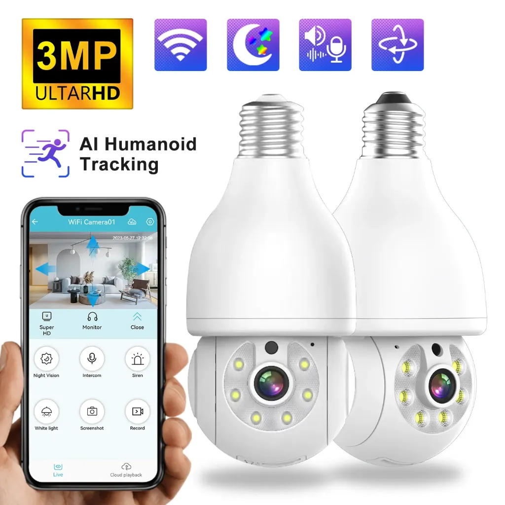 E27 bulb 3MP 2.4Ghz 360 degree wifi remote smart HD night vision full color home surveillance camera