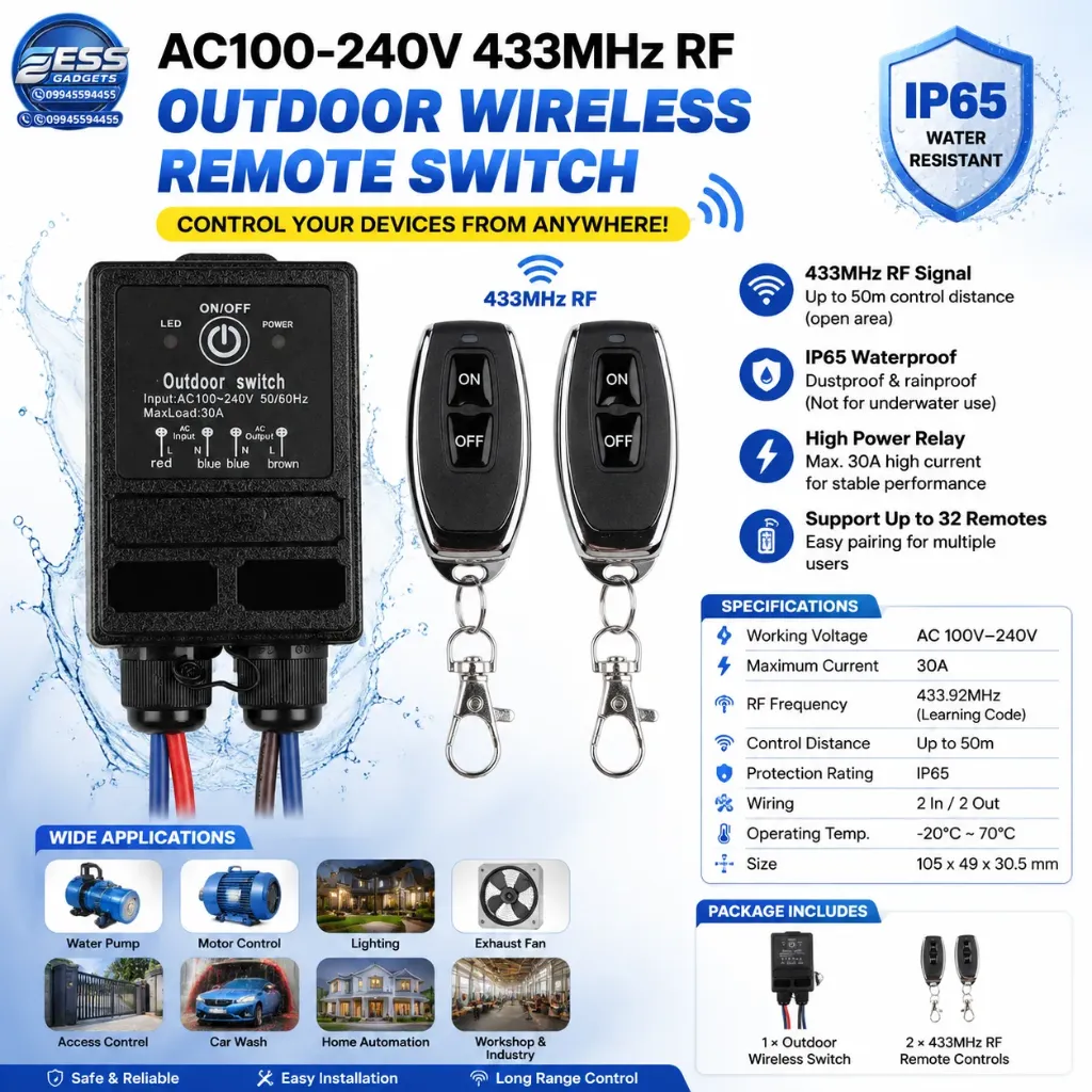 AC100-240V 30A IP65 Rated RF 433mhz Outdoor Waterproof Remote Control Switch Flame Retardant PC Shell