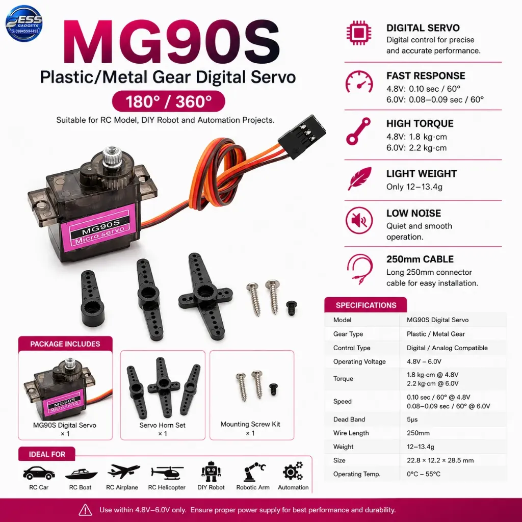 MG90S Plastic/Metal Gear Digital Servo (180°/360°)