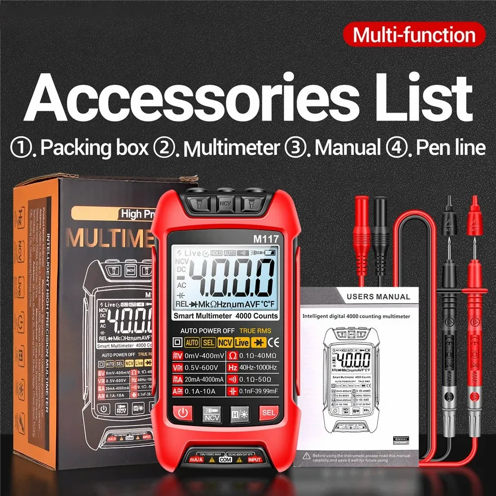 ANENG M117 Digital Multimeter 4000 Counts AC/DC Current Voltage Tester Auto Range NCV Diode Resistance Frequency Test Meter