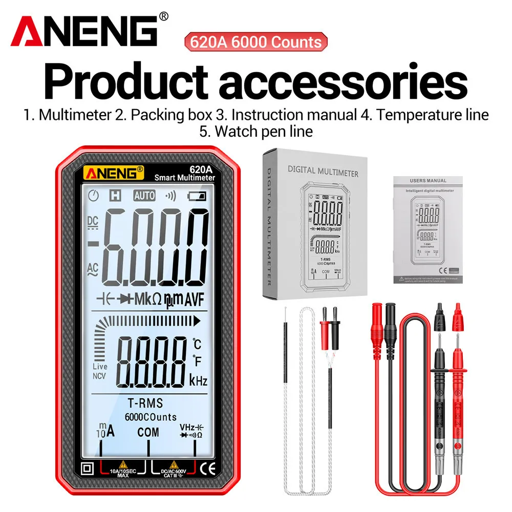 ANENG 620A Digital Multimeter 6000 Counts AC DC Voltage Current Resistance Capacitance Temperature Tester NCV Live Wire Detector