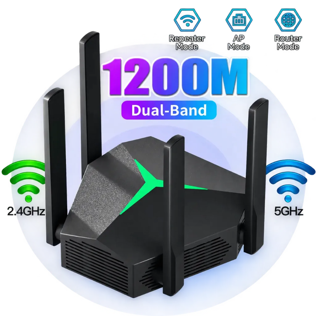 1200Mbps WiFi Repeater 2.4G/5GHZ Router Tri-mode Wireless Repeater Booster AP Signal Amplifier