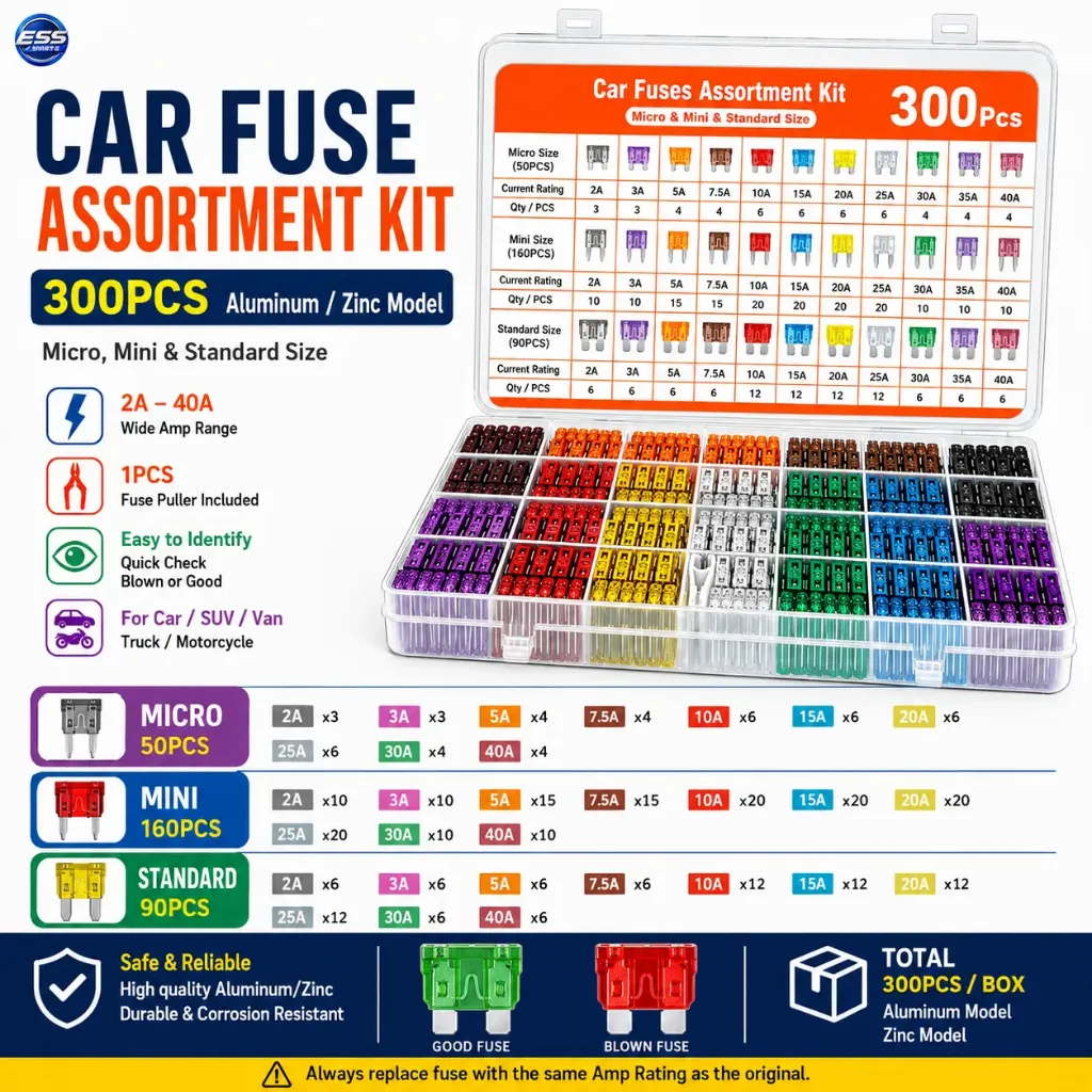 Automotive BladeFuse Assortment Kit 300Pcs Car Truck Fuses 2A-40A Amp With Fuse Puller Auto Circuit Replacement Repair Accessory