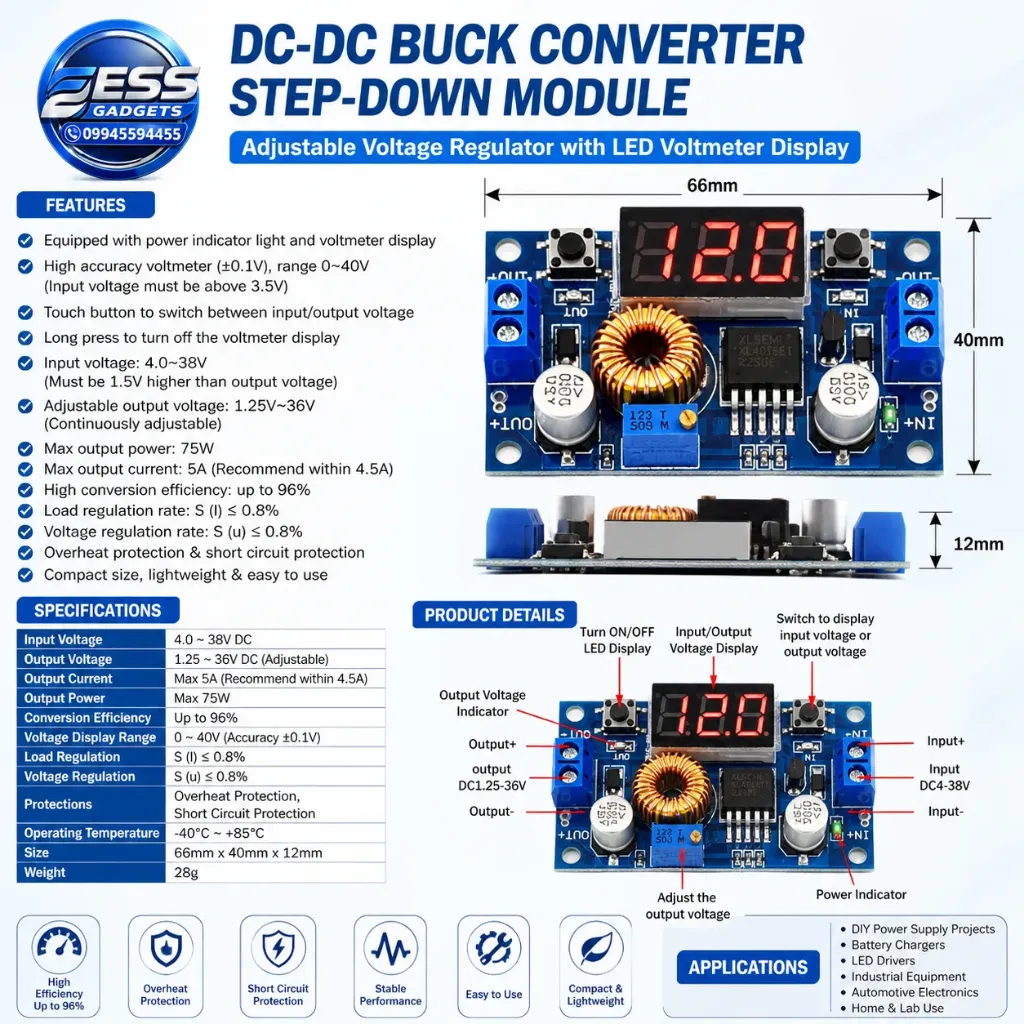 5A high-power 75W DC-DC Adjustable Step-Down Module 4.0-38V to 1.25V-36V buck-stabilized power supply module with voltmeter display