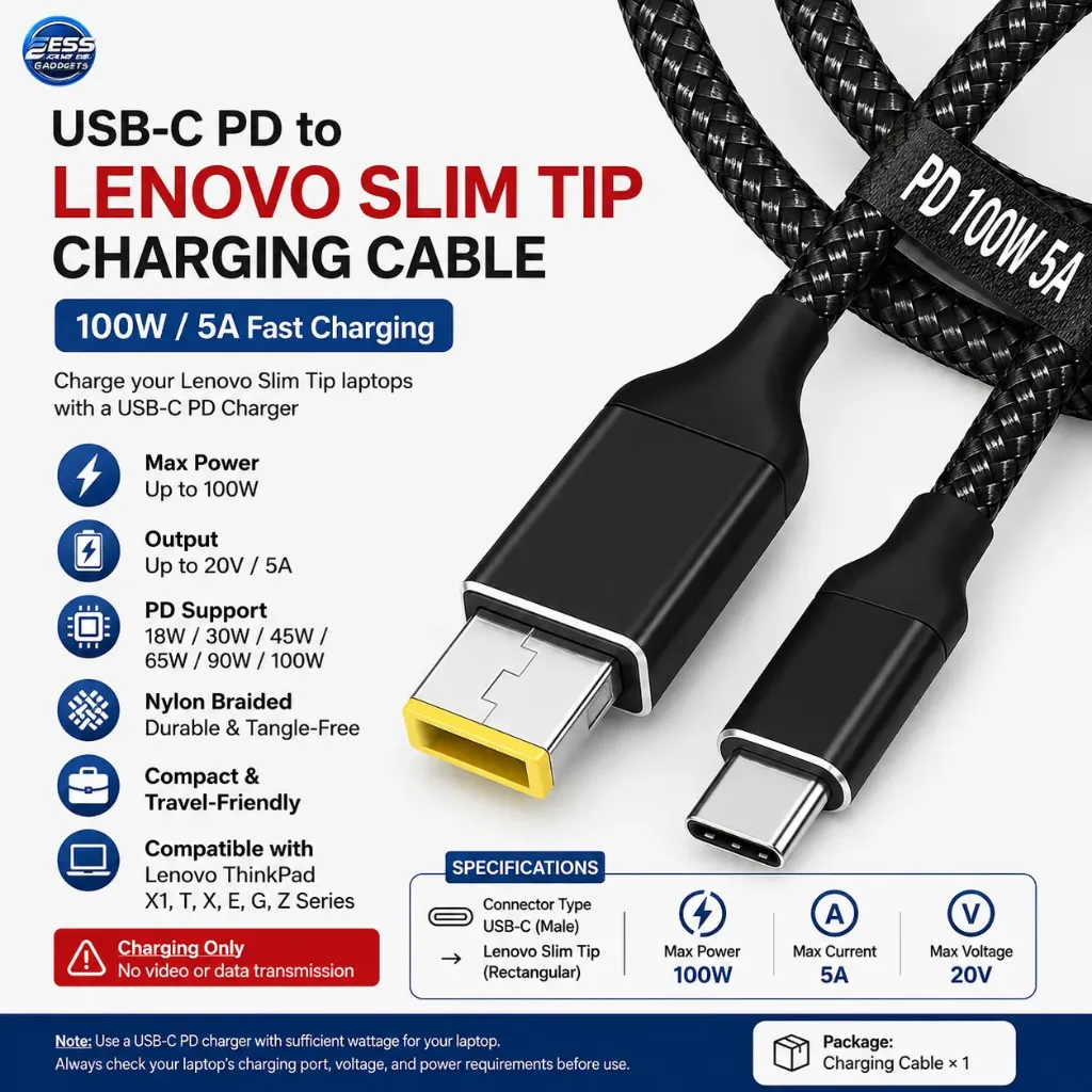 USB-C PD to Lenovo Slim Tip Laptop Charging 1.8m Cable – 100W / 5A