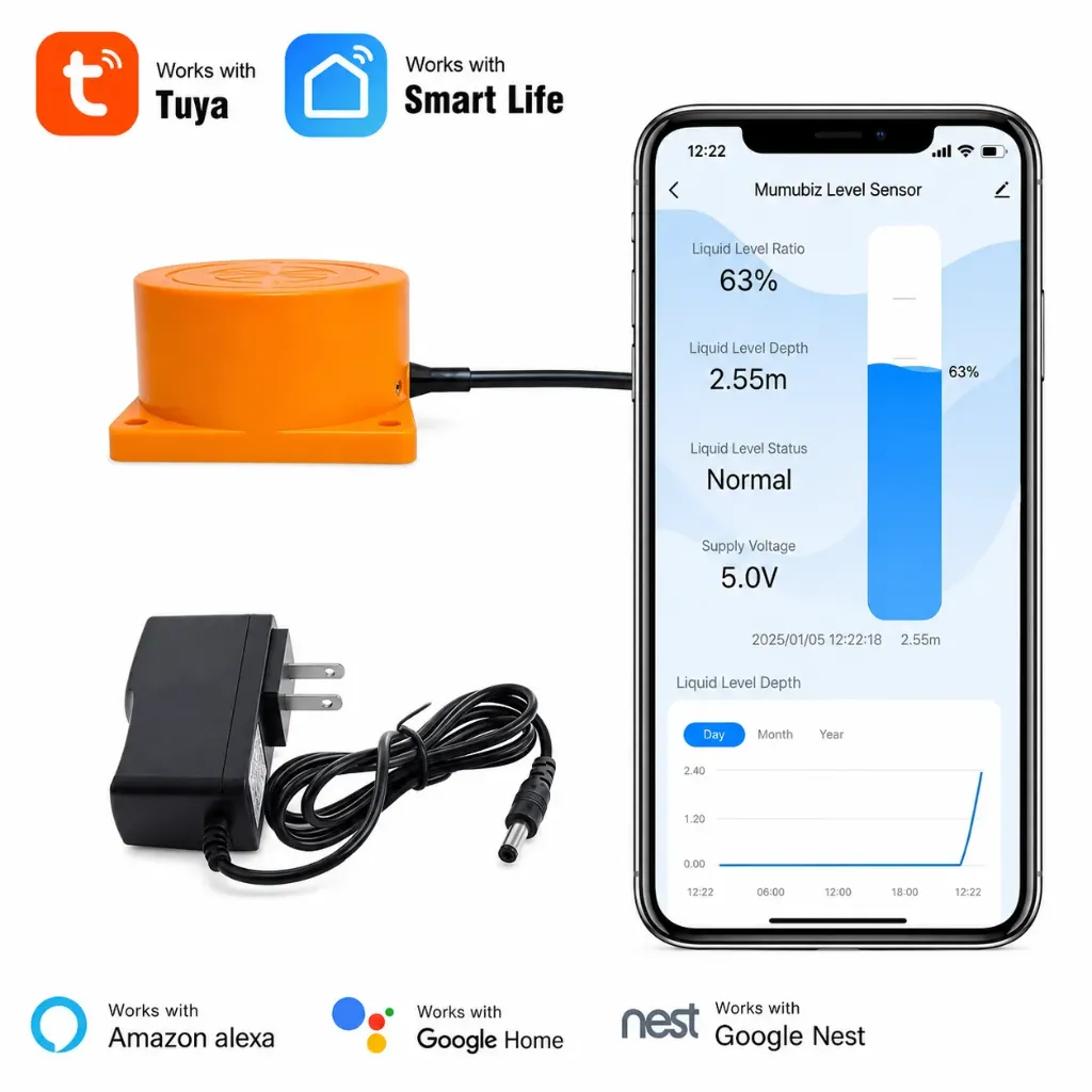 ME201W Tuya Smart WiFi Ultrasonic Water Tank Level Monitor Sensor Real-Time Alerts App Control for IOS & Android