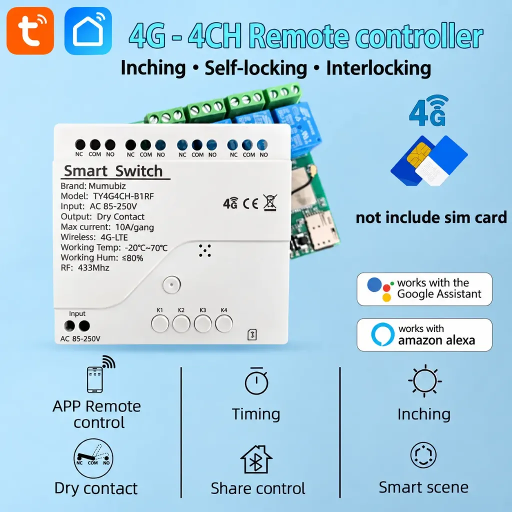 AC85-250V Tuya Smart 4G LTE Relay with RF 433Mhz Smart GSM Switch APP Wireless Control Work WIth Alexa Alice Google Assistant