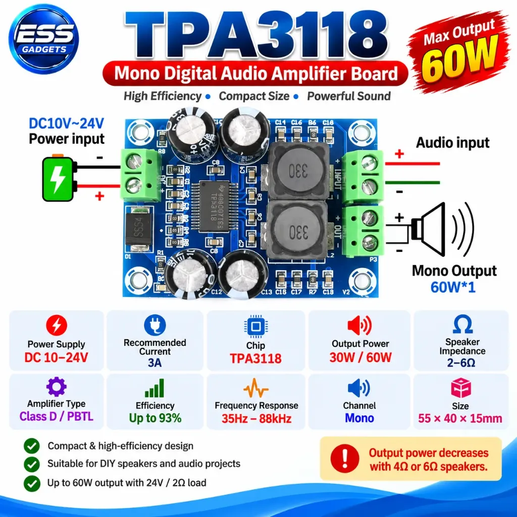 XH-M311 Mini Digital Amplifier Board TPA3118 Audio Amplifier Board Audio Power Amplifier Module Mono 60W