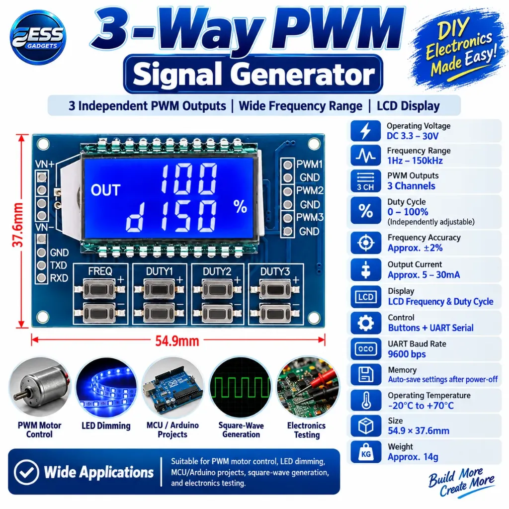 3 channel PWM pulse frequency duty cycle adjustable module square wave rectangular wave signal generator