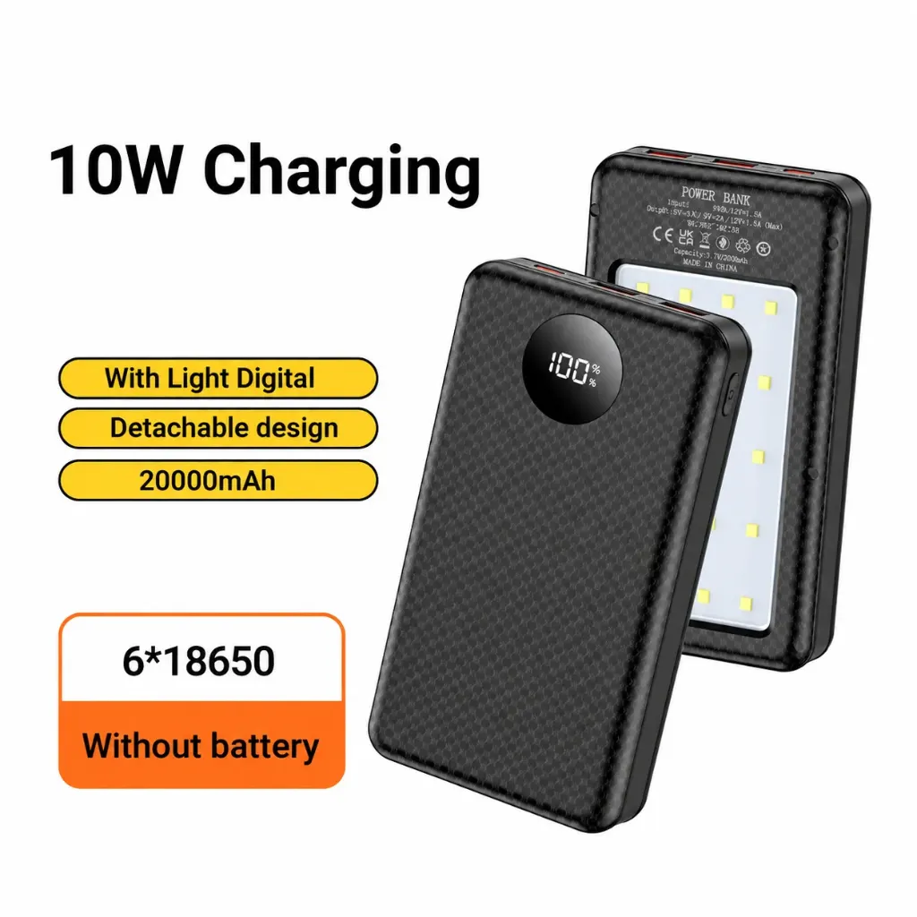 6*18650 20000mAh Power Bank Case DIY Shell Power Bank Battery Holder With Camping lamp (No Battery) (10W (Black))