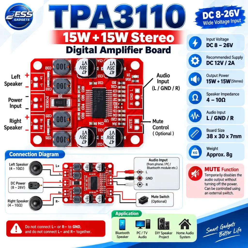 TPA3110 15W+15W Stereo Digital Audio Amplifier Board