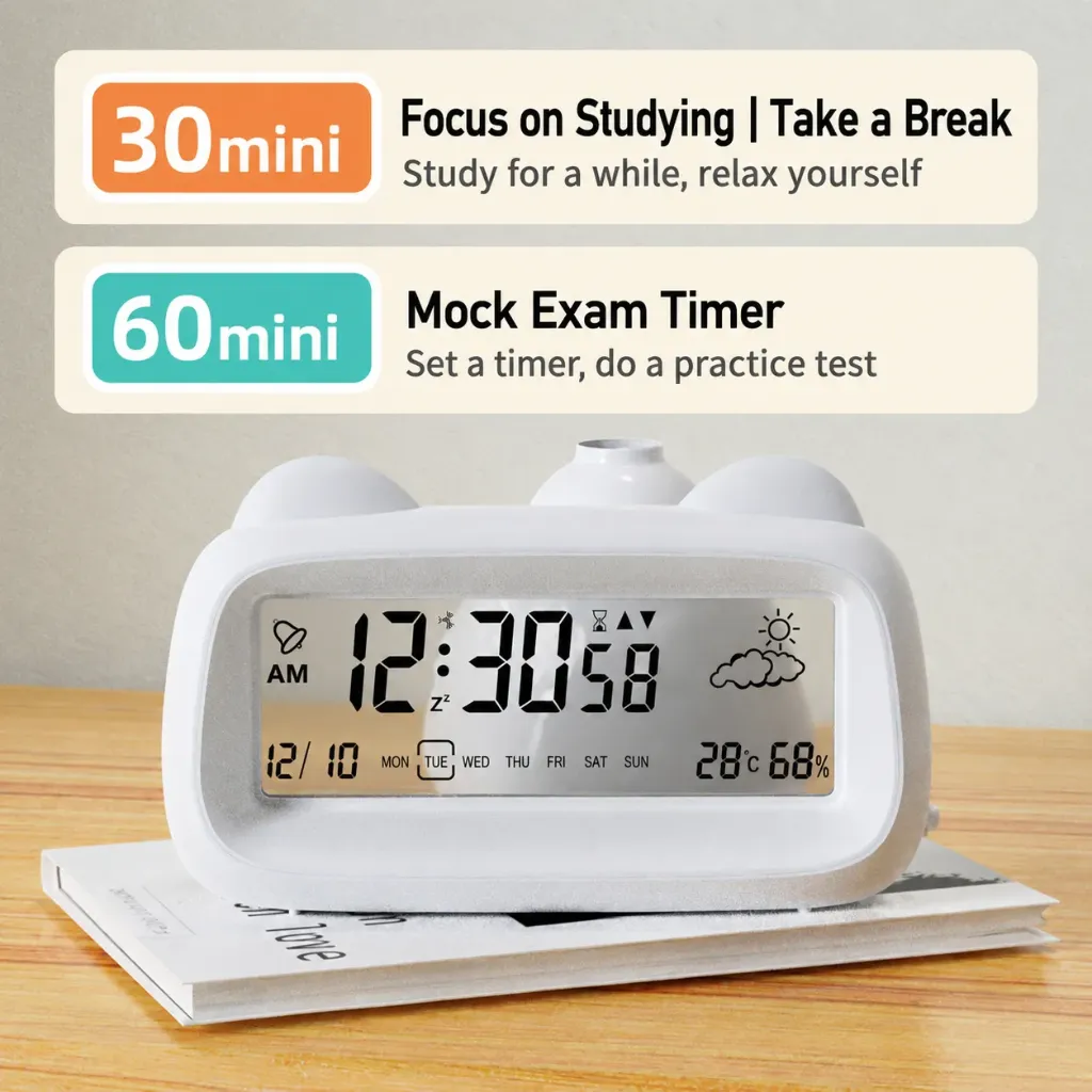 Digital Alarm Clock Temperature Humidity Date Week Timing Countdown Cute Silent Backlight Snooze LCD Clock