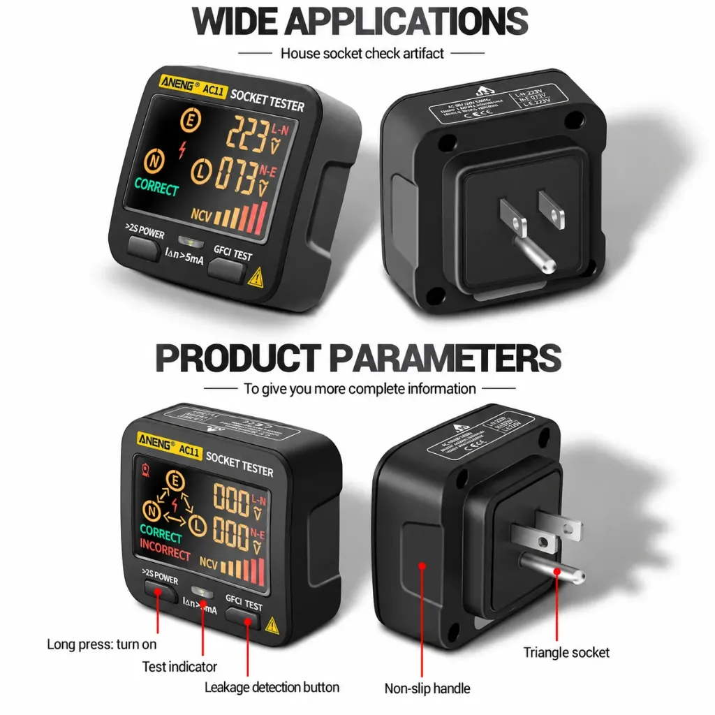 ANENG AC11 Socket Voltage Detector Test Ground Zero Line Phase Check Rcd NCV Test Digital Smart Socket Tester