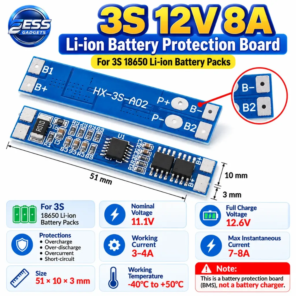 3S 12V 8A Li-ion 18650 Lithium Battery Protection Board BMS
