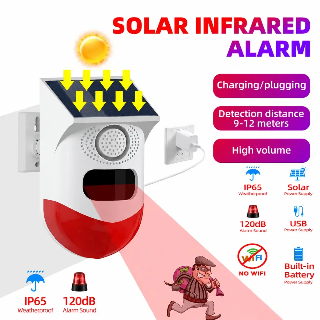 Wireless RF433 outdoor solar light alarm human body induction infrared sound and light alarm