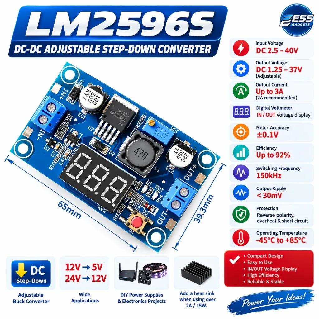 LM2596S DC-DC Adjustable Step-Down Converter with Digital Voltmeter