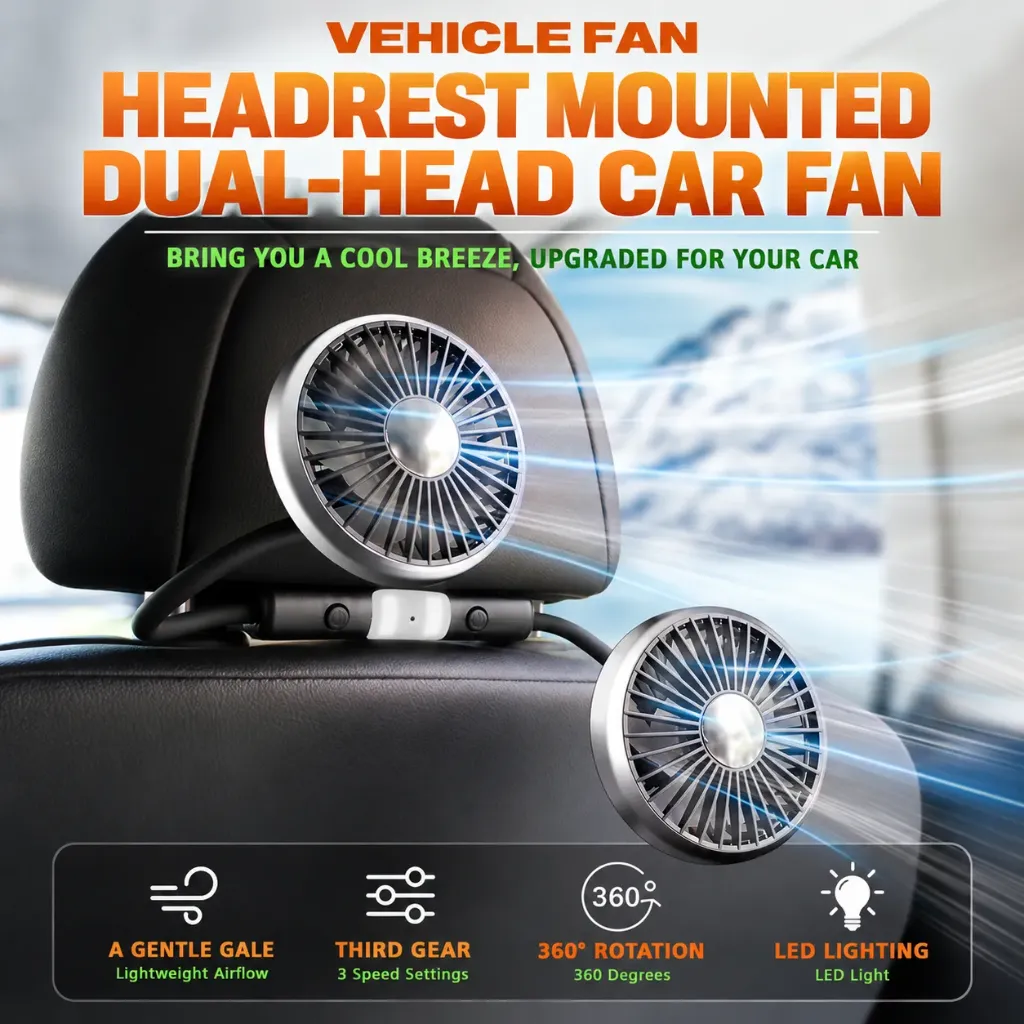 Rear Cooling Fan with Double Head Design, USB Powered Headrest Car Fan, Flexible Arms, 3 Speed Adjustment and LED Light